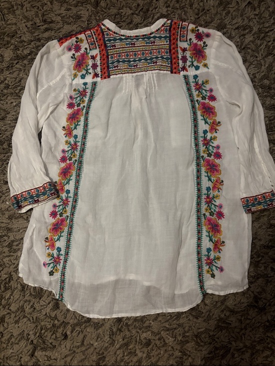 Johnny Was Tops - Johnny Was White Embroidered Linen Tunic with Pink & Teal Floral Accents